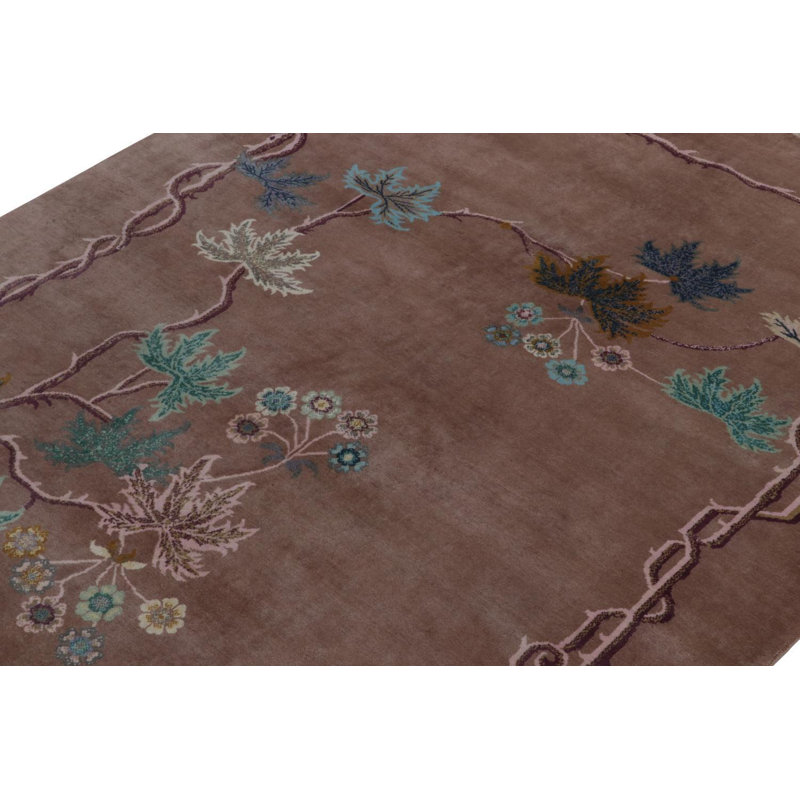 Rug & Kilim’S Chinese Art Deco Rug In Brown, Bordeaux & Blue Florals, Rectangle 14' x 20'