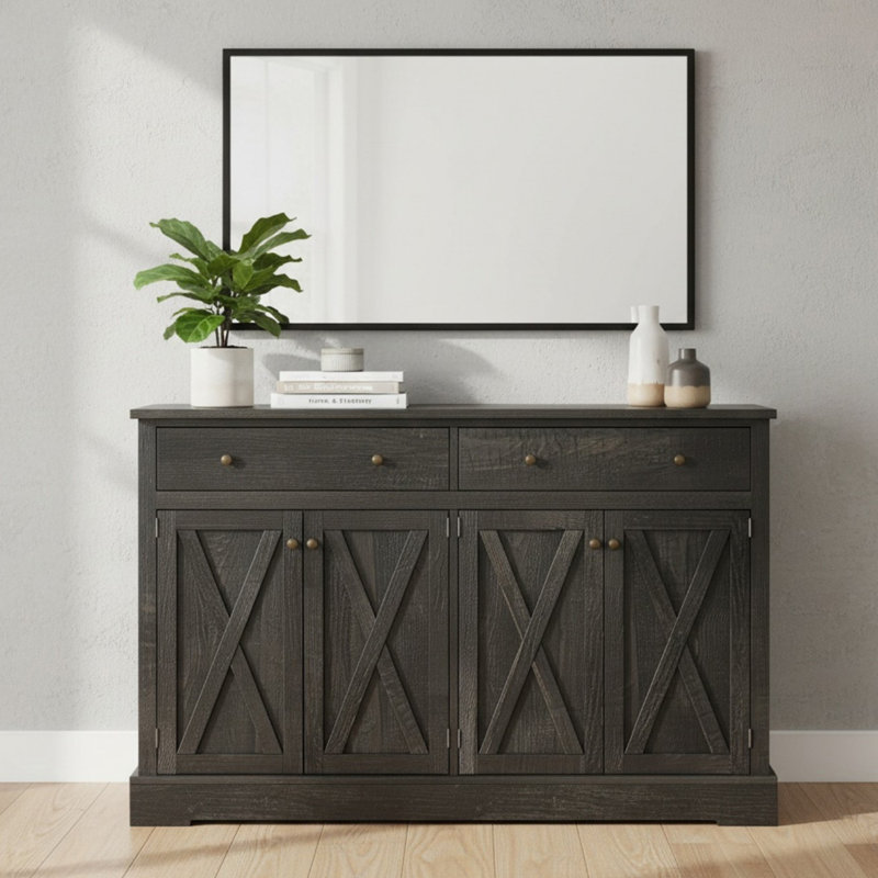 Vintage 55.13" Sideboard with Two Drawers,  Storage Cabinet with Four Doors for Living Room, Bedroom, Black Brown