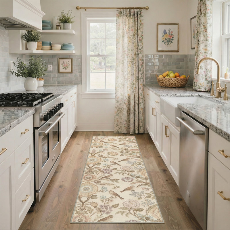 Aura Floral Machine Washable Beige Indoor Area Rug with Non-Slip Backing, Runner 2'6" x 8'