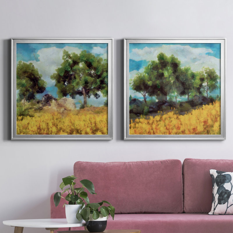 Paysage jaune doux I - cadre photo, reproduction d'art, H 34,5 po x l 69 po x P 1,5 po, Toile encadrée argentée, Pas de tapis