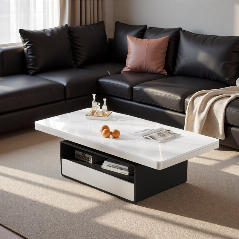 Table basse crème Luxury Rockboard, H 17,7 po x L 51,2 po x l 23,6 po, Blanc / Gris, Noir / blanc