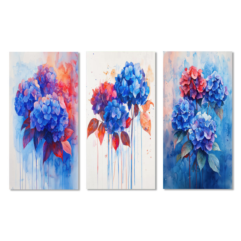 Hydrangées bleues et rouges dans un style graffiti, Hortensia I - botanique, 3 panneaux, art mural en métal, 40" H x 60" W