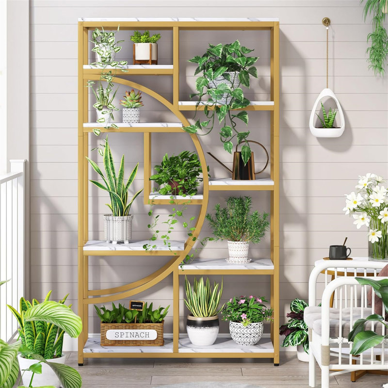 68.89"Height Industrial 5-Tier White & Gold Corner Etagere Bookshelf With 9 Open Shelves Storage Organizer For Living Room