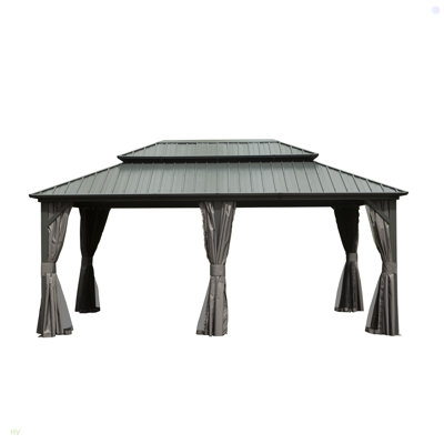 Hardtop Gazebo, Aluminum Metal Gazebo With Galvanized Steel Double Roof Canopy, Curtain And Netting, Permanent Gazebo Pavilion For Patio, Backyard, Deck, Lawn