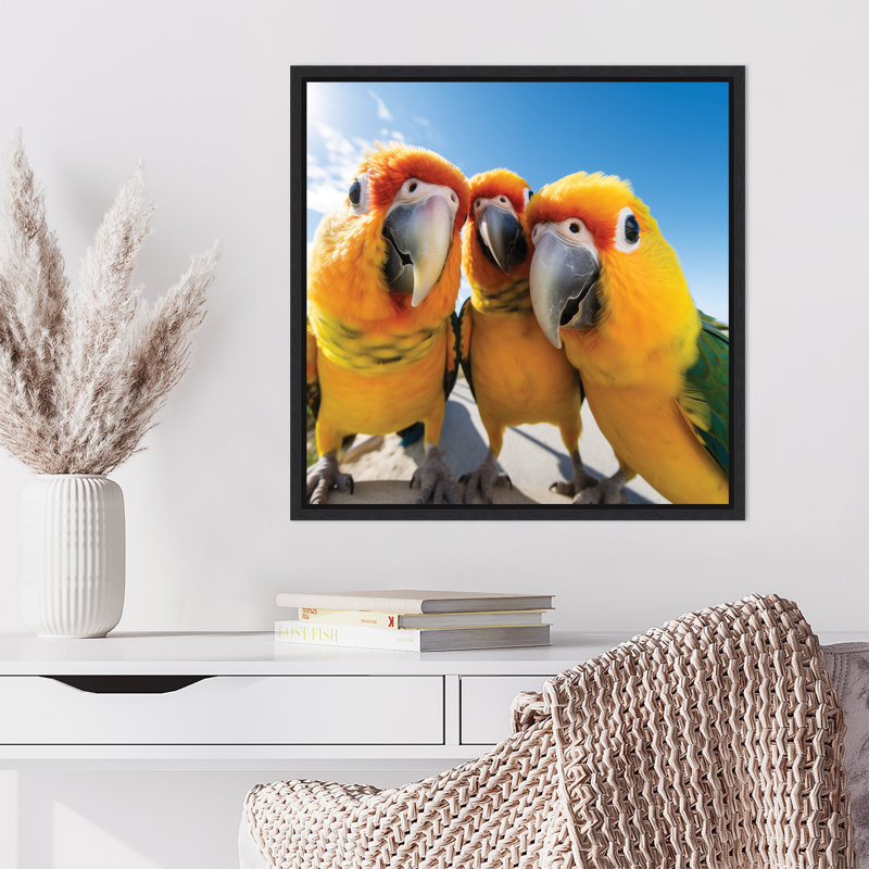 «Funny Animal Parrot Selfie» par The Creative Bunch Studio, reproduction d'art sur toile encadrée, Noir, noir, noir, noir