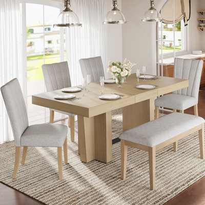 Ensemble de table de salle à manger extensible en bois avec banc et chaises rembourrées, parfait pour les réunions de famille et l'utilisation quotidienne dans les cuisines et les salles à manger
