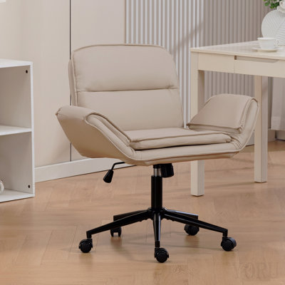 Criss Cross Chair With 5-Gear Adjustable Armrests & Wheels, Ergonomic Thickened Backrest Swivel Desk Chair For Home Office, Vanity, Bedroom And Living Room, Beige Pu