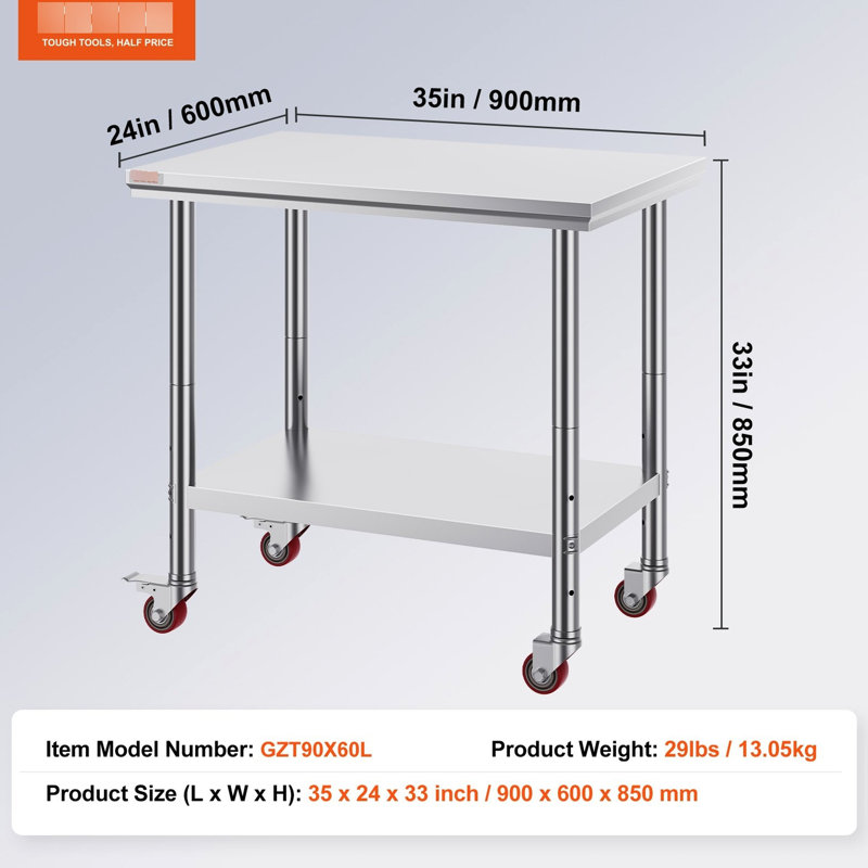Table de travail 36 x 24 pouces en acier inoxydable avec 4 roues pour la cuisine - 3 tablettes réglables et structure commerciale stable