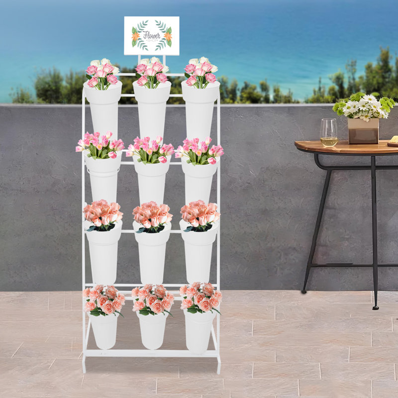 Présentoir à fleurs 4 couches avec 12 seaux en plastique, Blanc