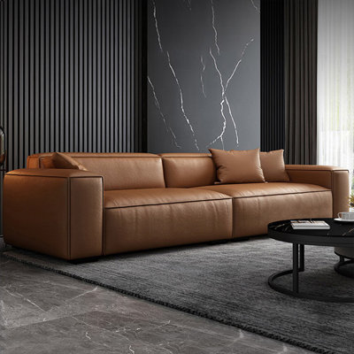 Minimalist 4-Seater Sofa with Genuine Leather Seating Area, 260cm Brown Couch with Faux Leather Sides for Living Room