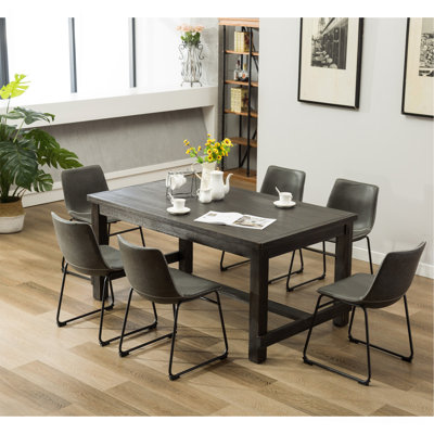 Ensemble de table de salle à manger 7 pièces en bois au fini noir antique avec 6 chaises en similicuir gris