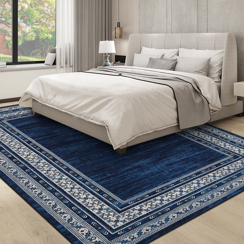 Tapis moderne lavable à la machine avec envers en caoutchouc, Marine, 4 x 6 pi