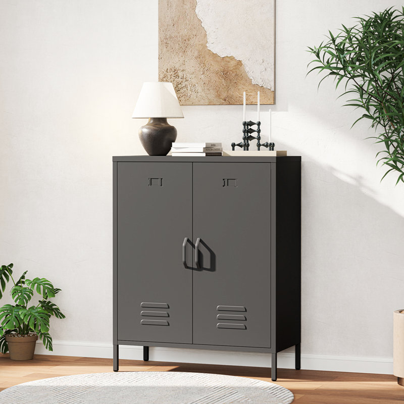 80Cm 2-Door Storage Cabinet & Metal Sideboard, Black