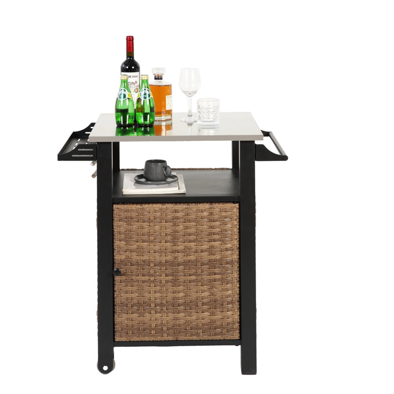 Single Door Bar Cart,Outdoor Kitchen Wicker Island Rolling Cart & Storage Cabinet, Wheels And Stainless Steel Extended Table Top, Side Handle