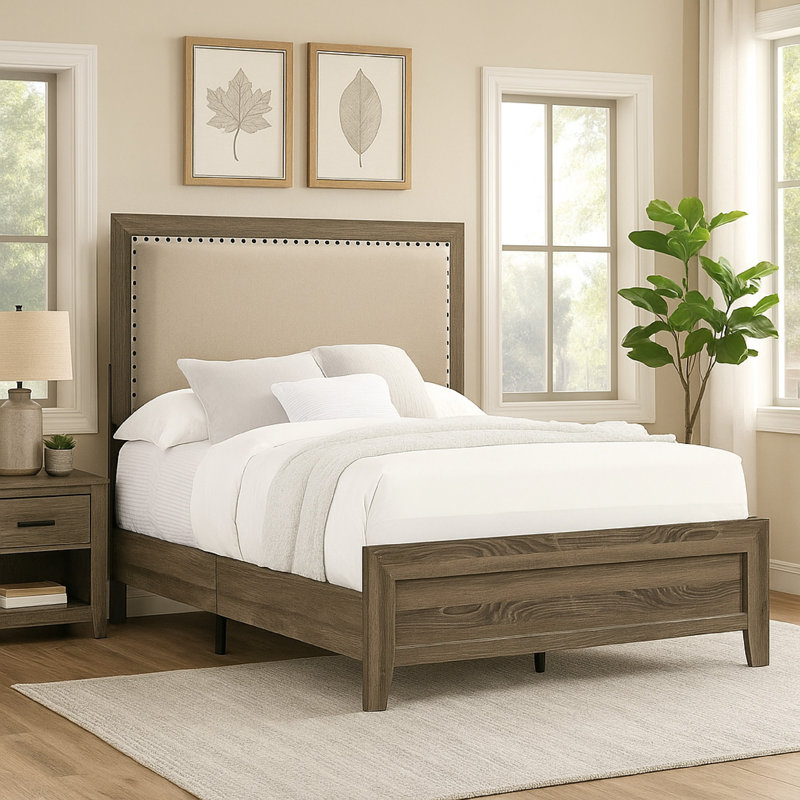 Shannon Panel Bed With Nailhead Trim, Fabric, Wood, Gray/Ivory, Twin