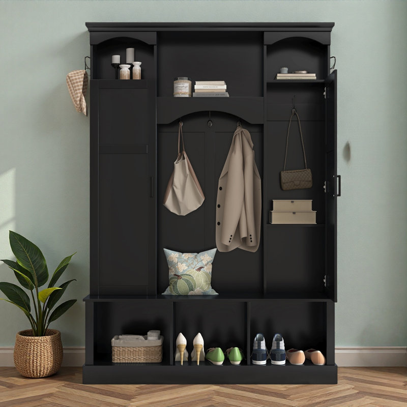 Modern Hall Tree With Adjustable Shelves, Side Cabinets, Top Compartments And Hooks, Black