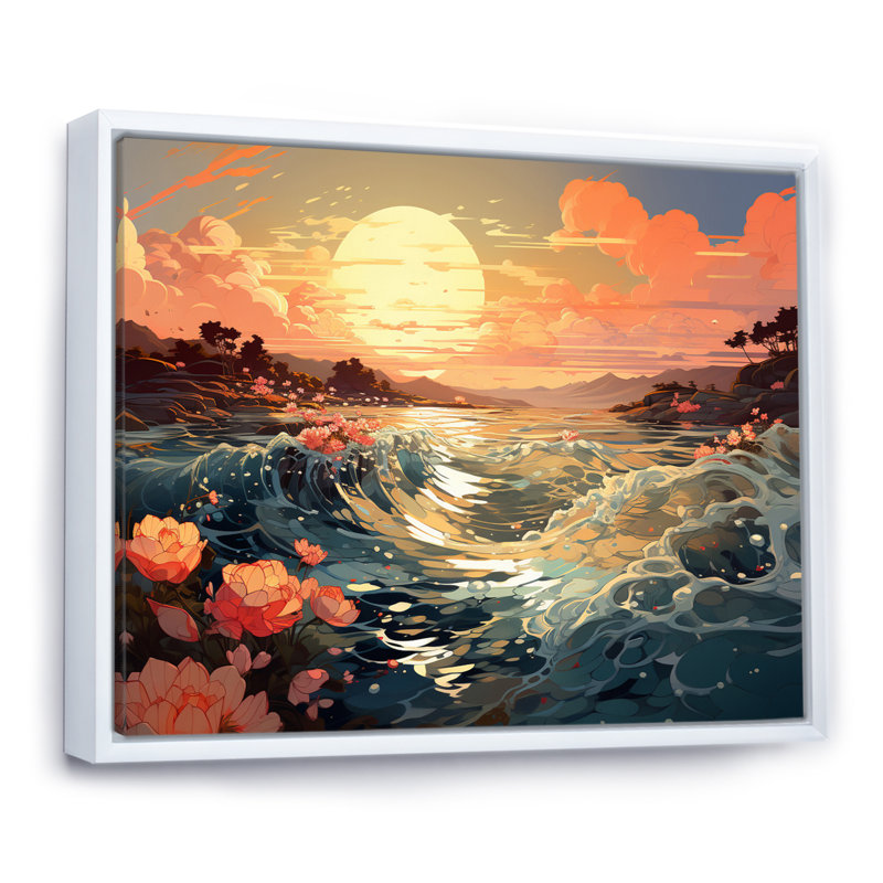 Glorious Pink Blossoming Sunrise Over Ocean sur toile, Cadre flottant blanc, 24" H x 32" W