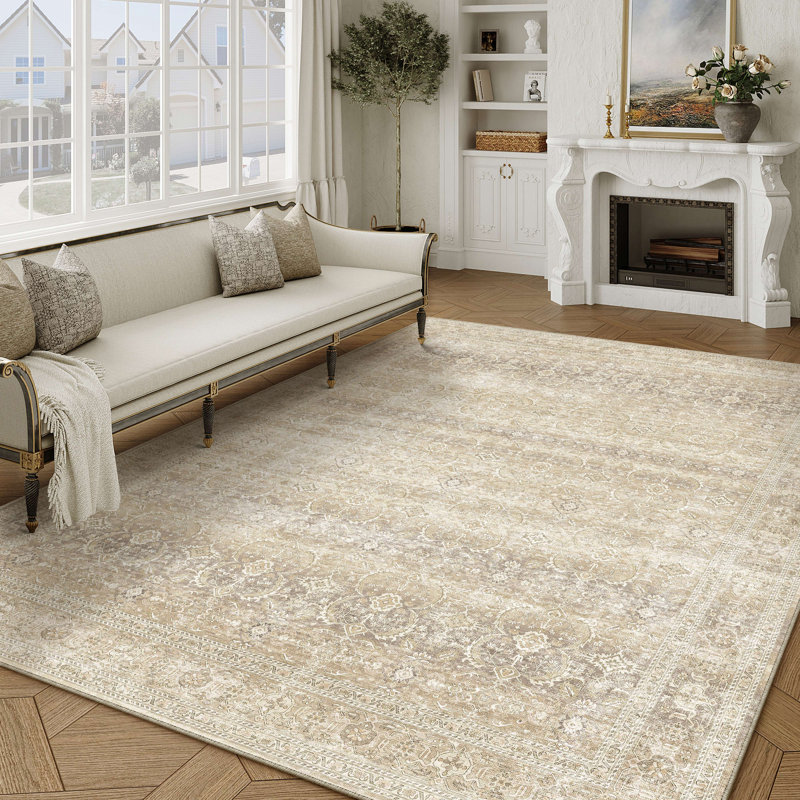 Tapis beige à motif floral rétro élégant Luthien, Rectangle 9 pi x 12 pi