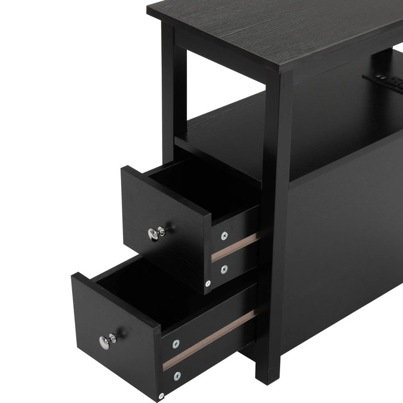Table de chevet transitionnelle en bois rustique avec charge USB (2 ports + 2 prises) - Table de bout à 2 tiroirs avec tablette ouverte, table de chevet robuste en MDF pour la chambre à coucher / salon, noir