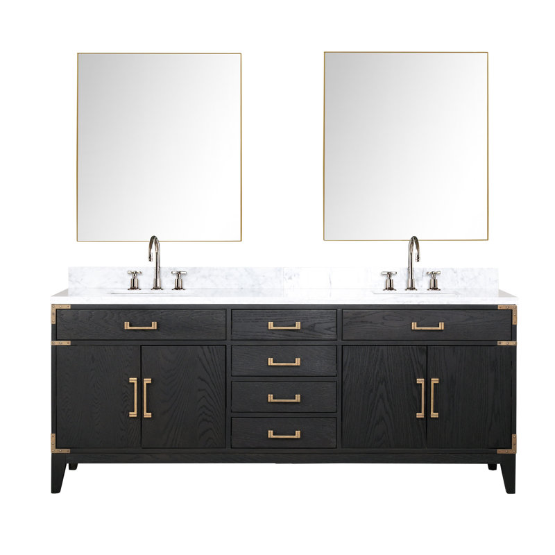 Laurel 80 in W x 22 in D Double Bath Vanity Mirrors with Faucet Set, White Carrara Marble, Black Oak