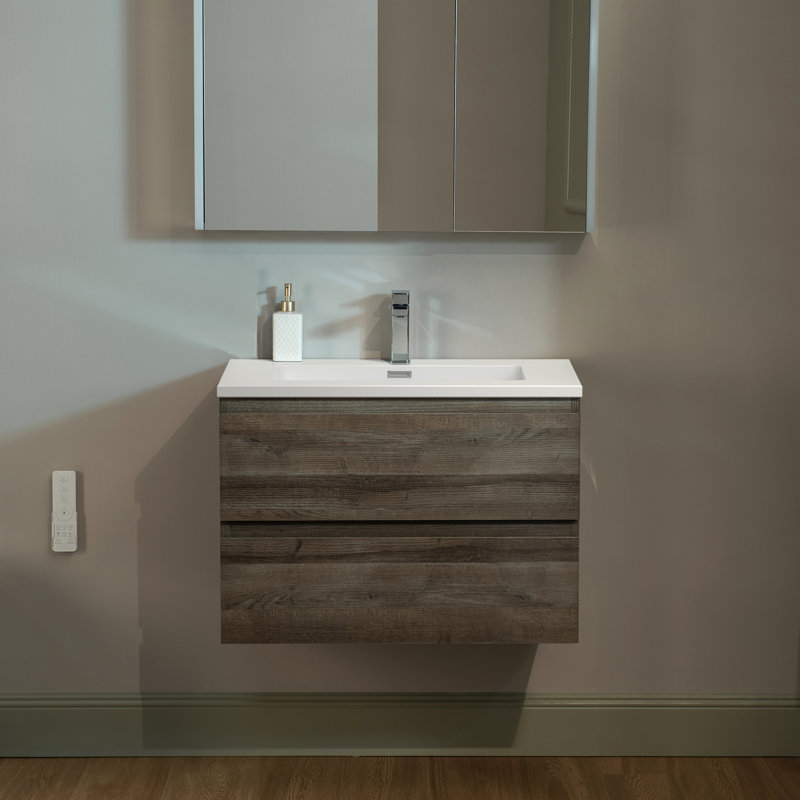 Meuble-lavabo flottant mural 30 po avec comptoir en résine composite, Blanc, Chêne naturel, 30"