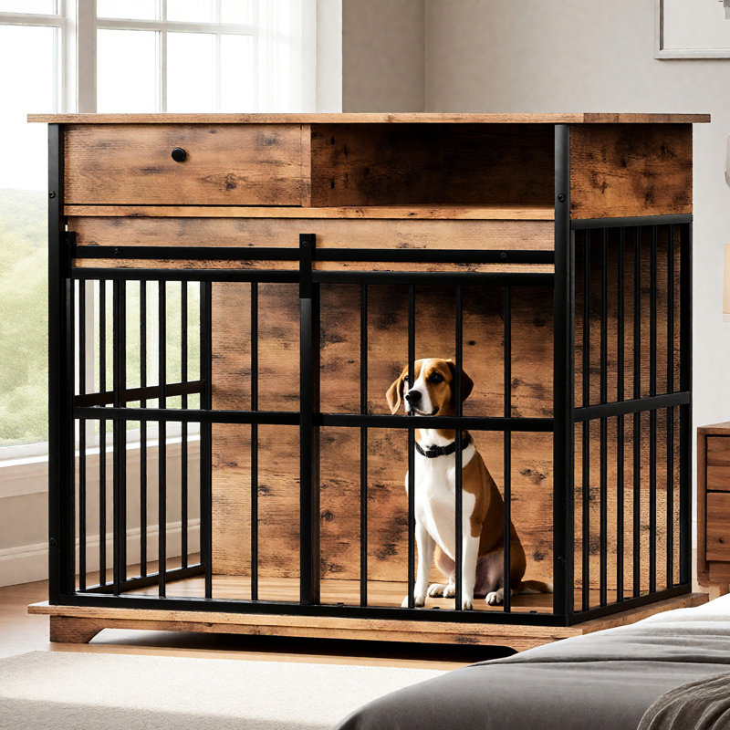 Cage pour chien spacieuse avec plateau et compartiment latéral, assemblage facile, rangement fonctionnel pour l'extérieur, placage vieilli, intérieur moderne