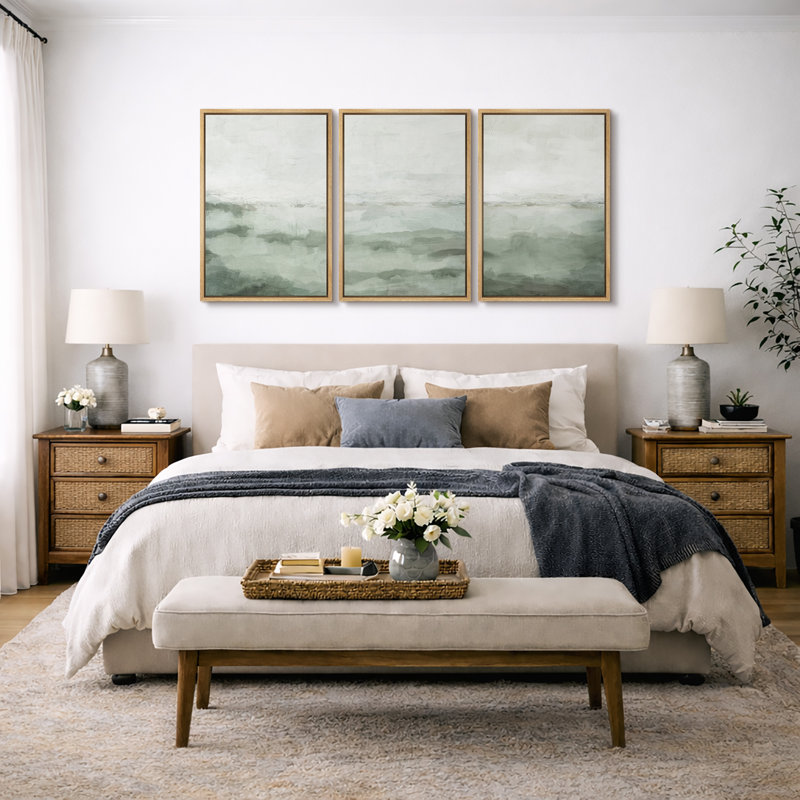 Minimal Landscape "Sage Green Modern Organic Artwork, Simple Abstract Bedroom Wall Pictures, Large Framed Canvas Giclee Print 3 Pieces Wall Art Set"   16x24x3 pcs, 24x36x3 pcs