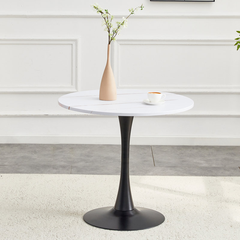 Table tulipe 31,5 "Mid-Century moderne avec base en métal, H 28,3 po x l 31,5 po x P 31,5 po, Blanc, Noir