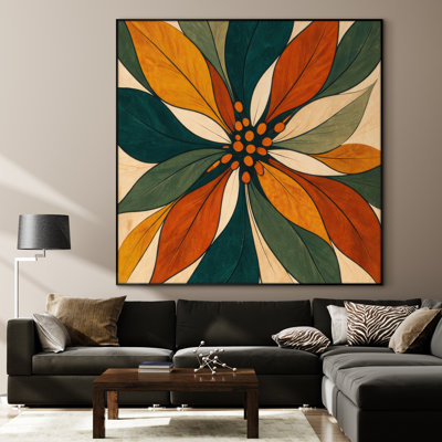 Très grande reproduction d'art sur tissu - Floral rétro audacieux en moutarde sarcelle et orange brûlé pour un salon de style Mid-Century - «Assemblage requis du cadre (cadre non fini)»