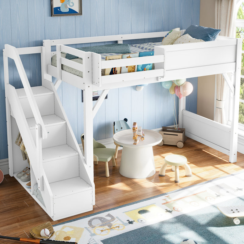 Twin Size Loft Bed with Built-in Wardrobe and Storage Shelves, Solid Wood Loft Bed with Guardrails and Stairs, No Box Spring, White
