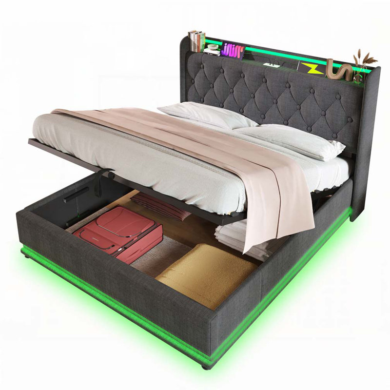 Upholstered Storage Bed With LED and Charging Outlets, King, Gray