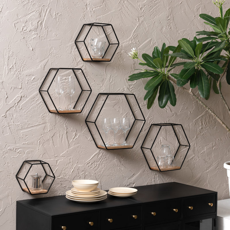 Gardner 5 Piece Hexagon Floating Shelf, Black