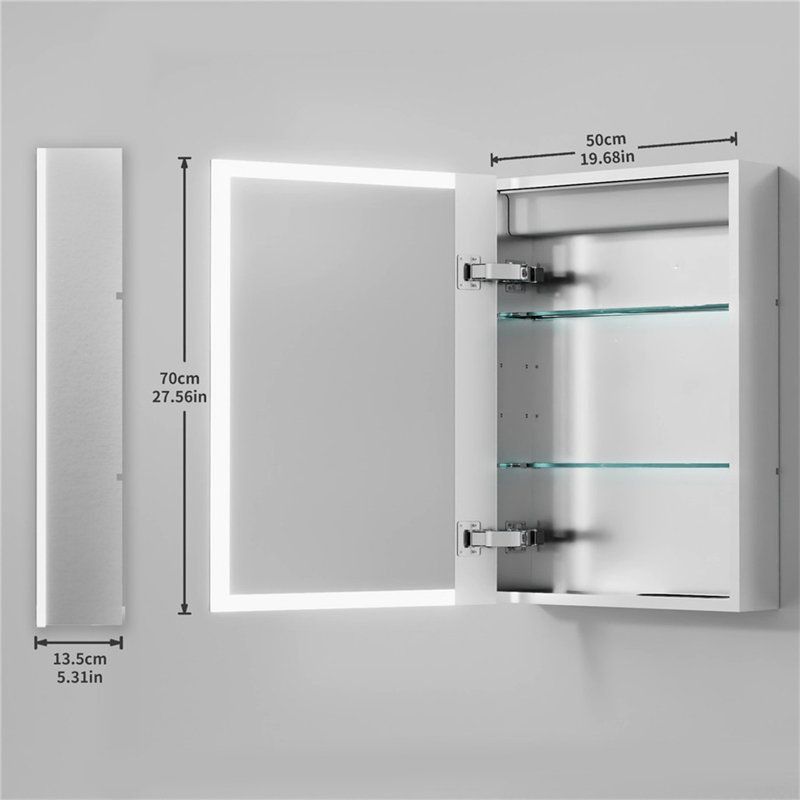 Meixner Framed Medicine Cabinet with LED Mirror and 3 Adjustable Shelves, 700mm H x 500mm W x 135mm D