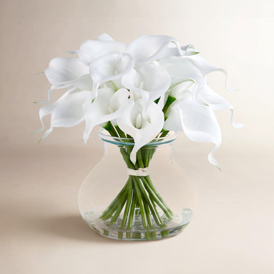 10.4In Artificial Flowers With Vase - 19-Bloom White Calla Lily Artificial Flowers With Faux Water, Real Touch PU Fake Flowers In Glass Vase For Home Wedding Office Decor