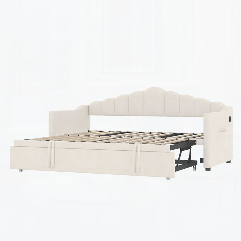 Upholstered Daybed with Adjustable Height Pop Up Trundle Twin Bed, Beige