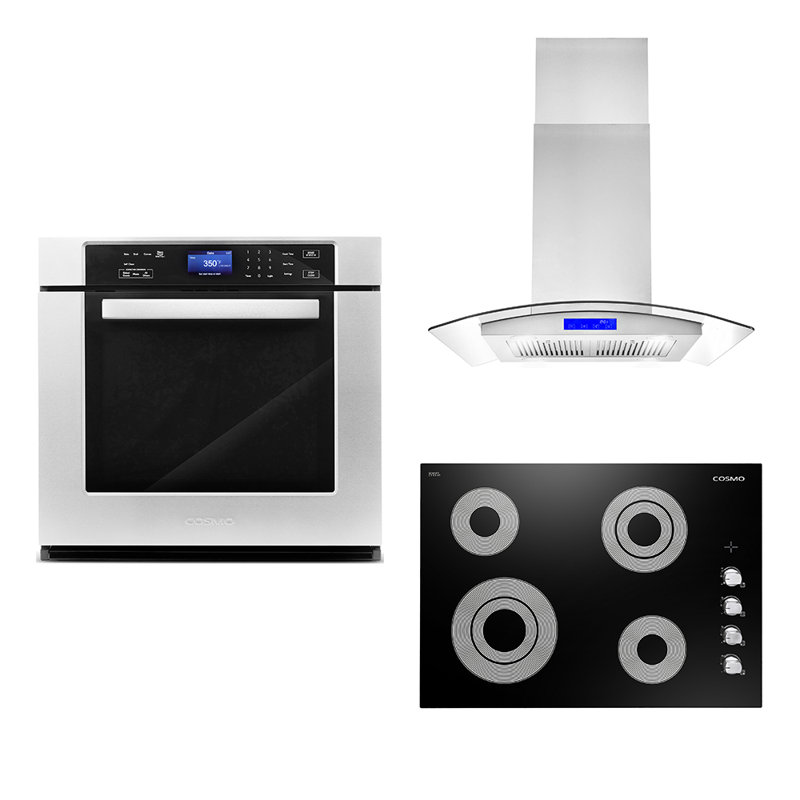 Cosmo 3 Piece Kitchen Appliance Package with 30'' Electric Cooktop Island Range Hood