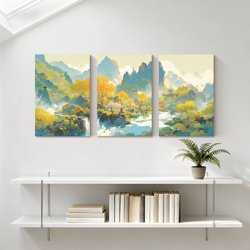 Paysage et nature, paysage de montagne, automne, rivière, reflet, pavillon, arbres, nuages, ensemble de 3 impressions sur toile
