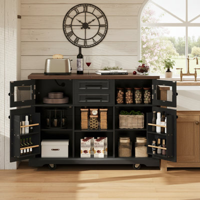 54.9" Kitchen Island With Drop Leaf & Power Outlet, Rolling Storage Cart With 4 Door Shelves, Cross Barn Doors & Glass Door, Mobile Kitchen Island On Wheels For Kitchen & Dining Room, Black