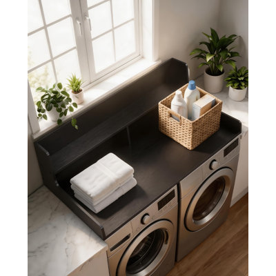 Black Heavy Duty Laundry Shelf for Washer and Dryer 54x27.5 Inch Wooden Organizer Table with 12 Inch Anti Drop Backboard Folding Station Anti Vibration Mat Non Slip Pads for Laundry Room