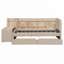 Lit de jour rembourré avec tiroirs, tablettes, armoires rabattables et table d'appoint-317288978
