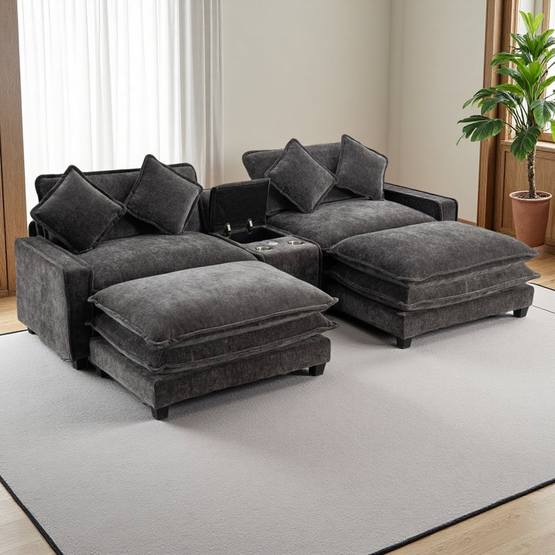 Canapé modulaire en chenille de 111 po avec deux repose-pieds amovibles, deux ports USB, deux porte-gobelets et une grande boîte de rangement pour le salon