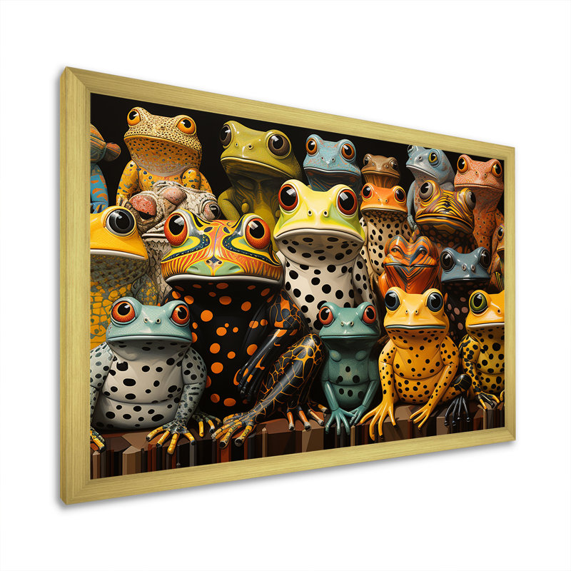 «Multicolor Pop Art Frogs I», reproduction d'art sur toile, H 24 po x l 32 po x P 1 po, Cadre doré simple