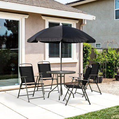Ensemble de salle à manger d'extérieur noir de 6 pièces pour 4 personnes. Table et chaises avec parasol. Intérieur pliable et respirant. Verre rond. Parfait pour le jardin, la cour ou la piscine. Couleur : [à compléter]. Dimensions : 50,5 cm (l) x 65,7 cm (p) x 92,5 cm (h). Hauteur de la table : 80 cm x 69,2 cm. Hauteur totale : 170 cm.