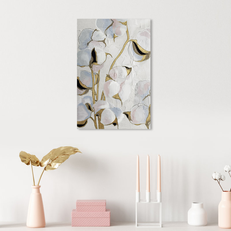 Tige dorée florale, fleurs de coton blanc moderne - peinture sur toile, H 15 po x l 10 po x P 1,5 po, Toile tendue