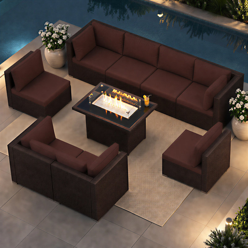 9-Piece PE Wicker Patio Conversation Set with Rectangular Fire Pit Table, Modular Sectional, Dual-Fuel, 60,000 BTU, Espresso