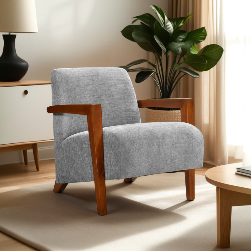 Chaise d'appoint de style Mid-Century 28,5 po avec revêtement en chenille de Jules, accoudoirs en bois massif châtaignier, assise en mousse enveloppée de Dacron