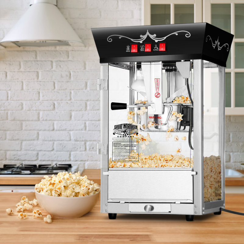 Machine à maïs soufflé Matinee - contenant 8 oz avec bouilloire en acier inoxydable, plateau à grains Reject, lumière chauffante et accessoires par Great Northern Popcorn