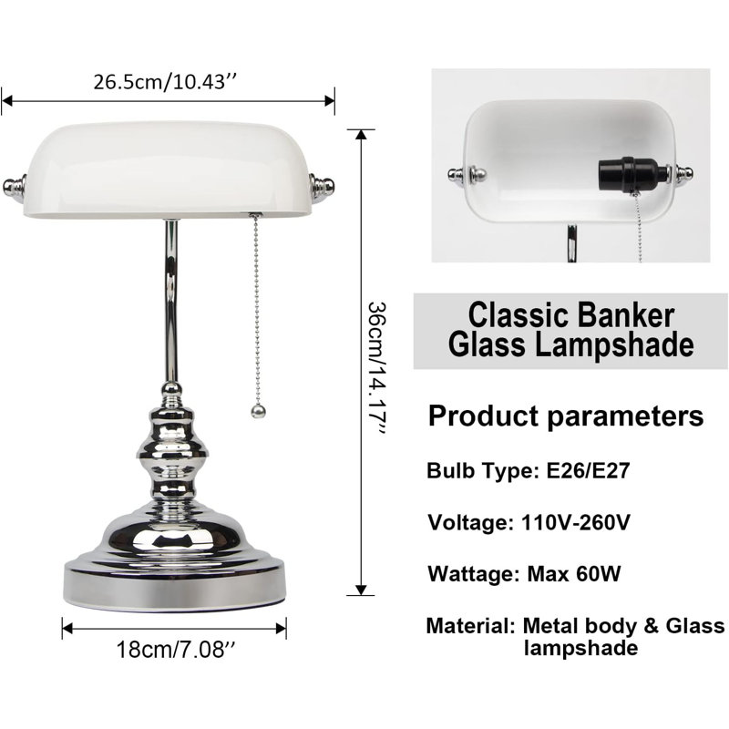 Lampe de bureau avec abat-jour blanc Bankers, lampe de bibliothèque avec chaîne Pull, lampe de bureau rétro pour bureau, salle d'étude