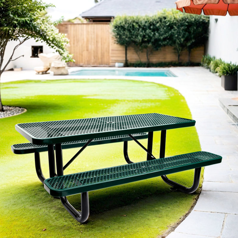 Table de pique-nique rectangulaire de 6 pieds avec structure en acier, pour toutes les activités de plein air, réunions spacieuses de conception de 72 pouces, surface métallique facile à nettoyer, convenable pour le jardin, le patio, la construction de terrains de camping