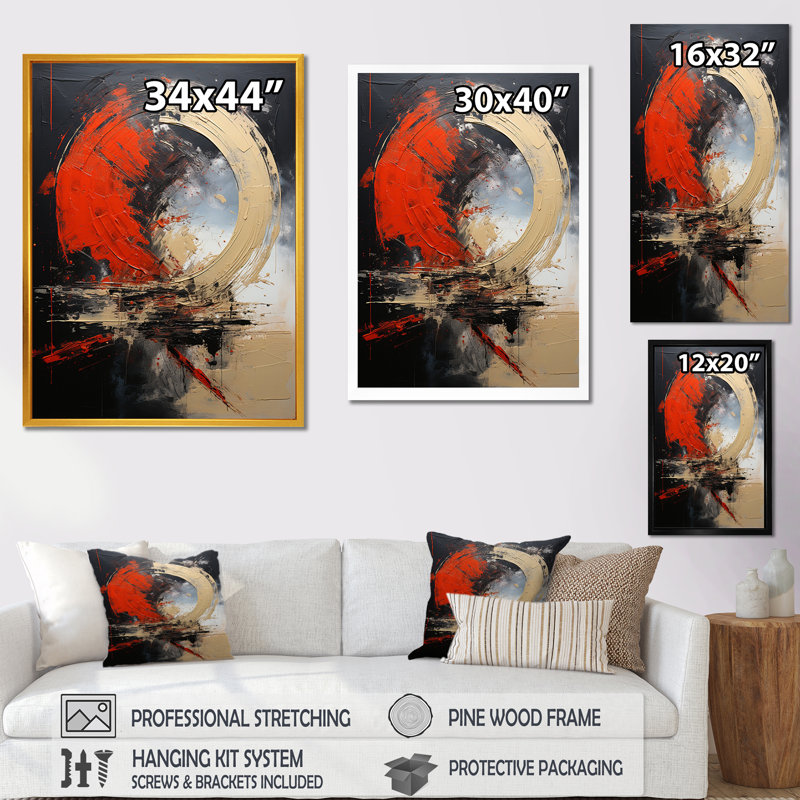 Red Moon Shapes - Art mural abstrait, Cadre flottant doré, H 32 po x l 24 po x P 1 po